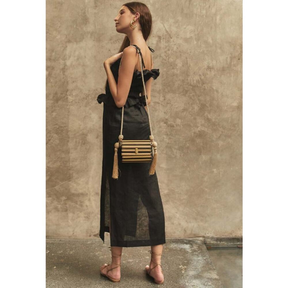 CHRISTY LYNN Venus Midi Dress Linen Blend Ruffle Smocked Sleeveless Slit Maxi - Picture 3 of 13
